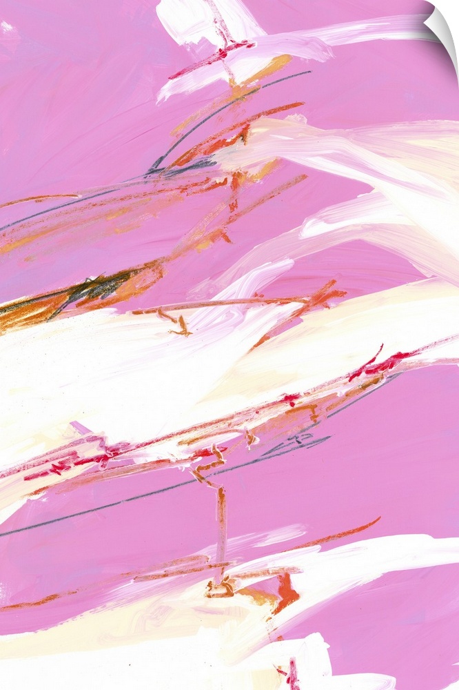 Contemporary abstract painting in vibrant pink and white tones.