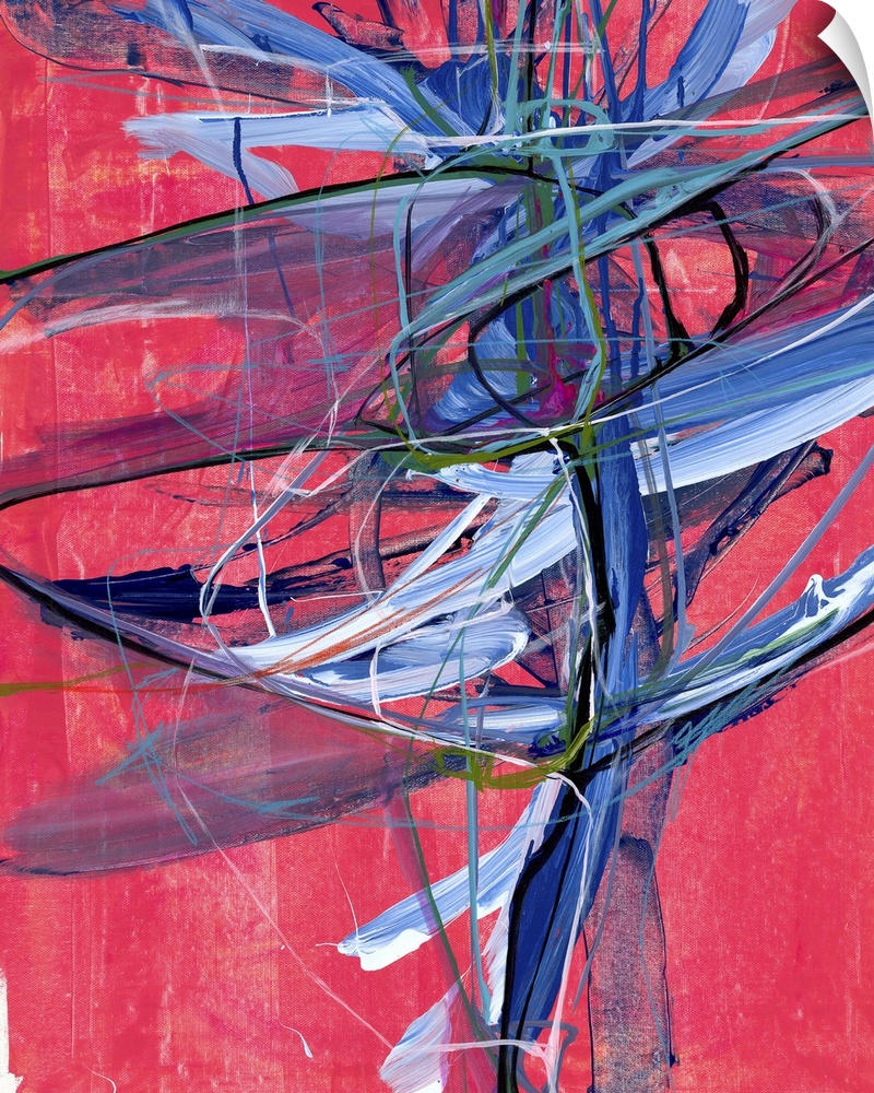Contemporary abstract artwork of wild blue and black strokes of paint over light red.
