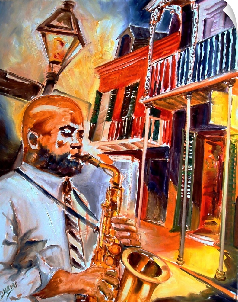 Big painting on canvas of a man playing a saxophone with colorful buildings behind him.