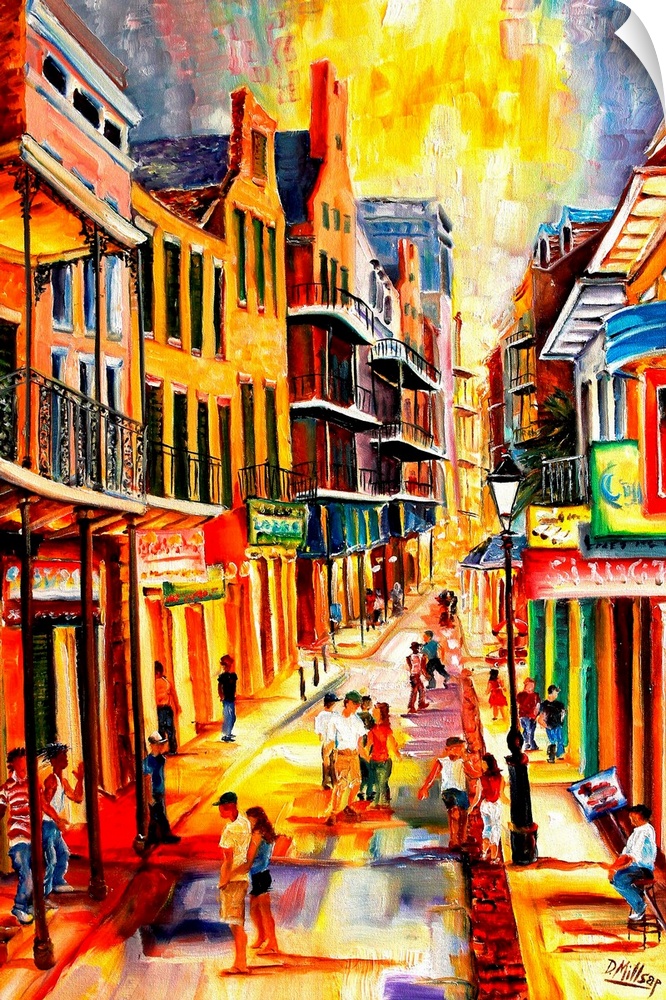 Giant, vertical, contemporary painting looking down a row of buildings on either side of Bourbon Street in New Orleans.  G...