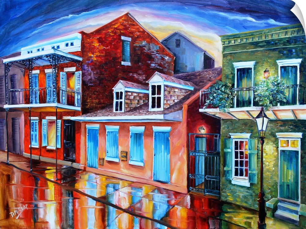 Contemporary artwork of Burgundy Street in New Orleans with colorful buildings.