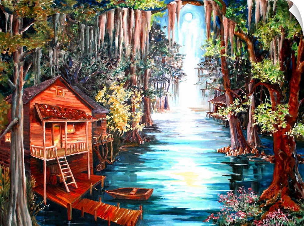Painted landscape of a secluded cabin in the Louisiana swamp.