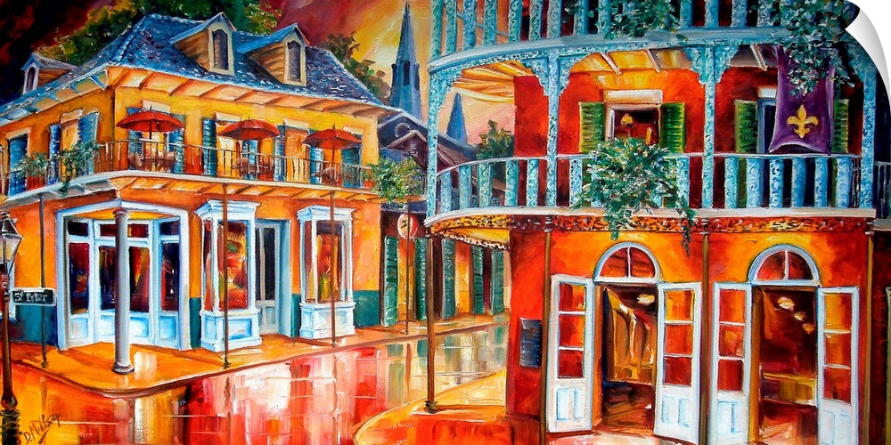 Oversized landscape painting of a city street intersection in New Orleans.  Two large, historic buildings, each on a stree...