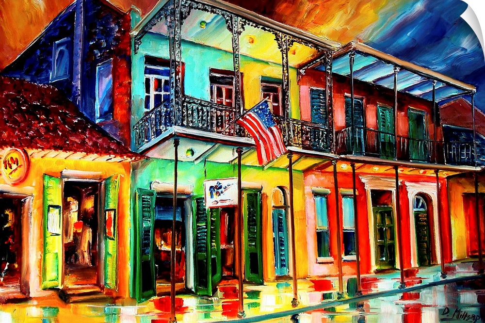Contemporary painting of wet city street lined with shops that have balconies.
