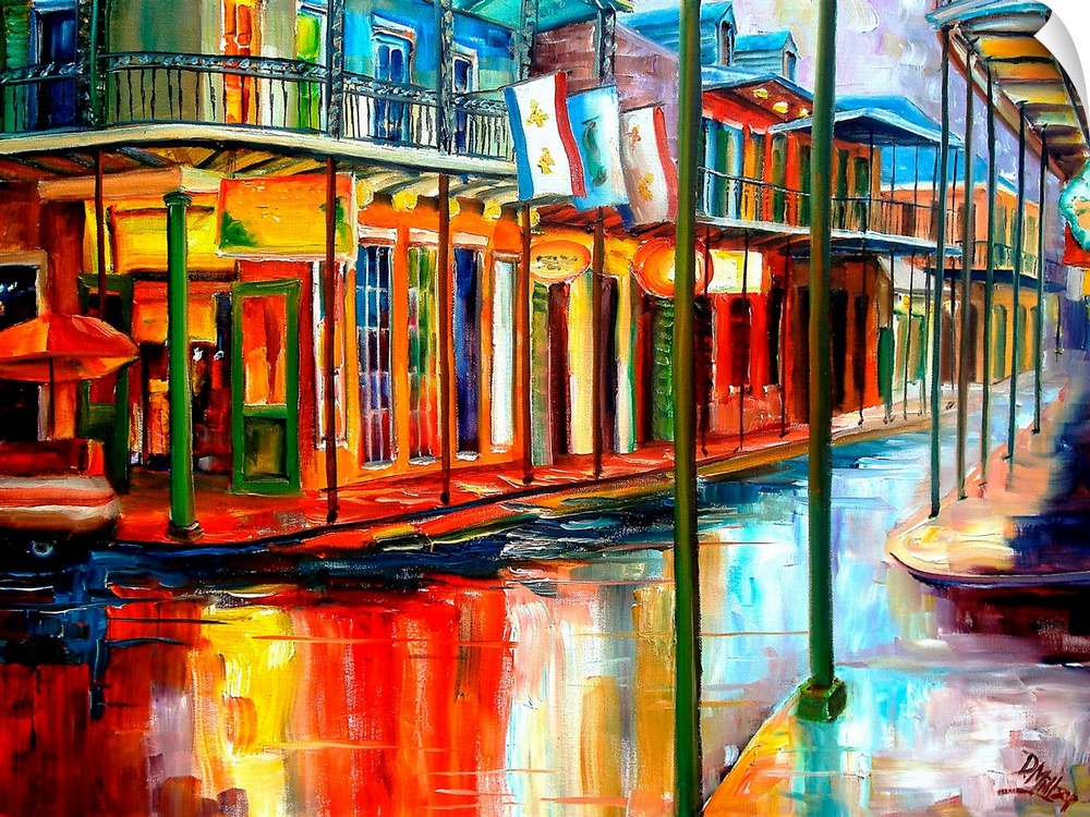 Boldly colored contemporary painting of historic park in French Quarter of New Orleans.  Shops line the wet streets with b...