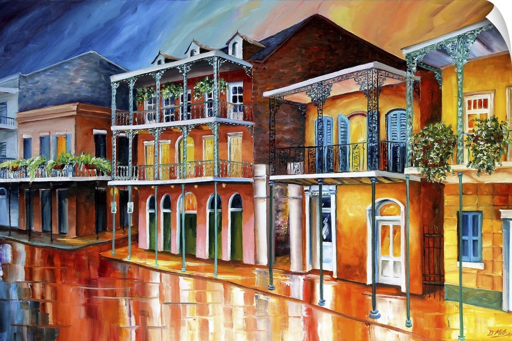 Contemporary artwork of the French Quarter in New Orleans with colorful buildings and white balconies.