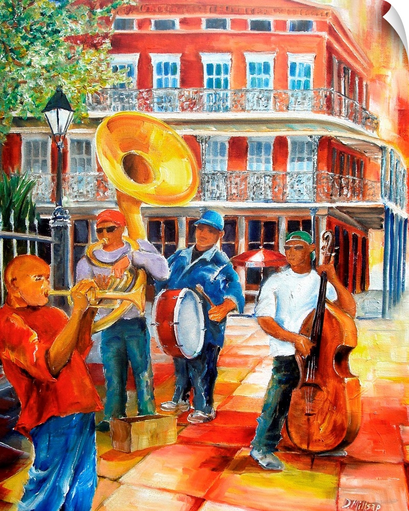 Colorful contemporary painting of New Orleans' street musicians performing in Jackson Square.