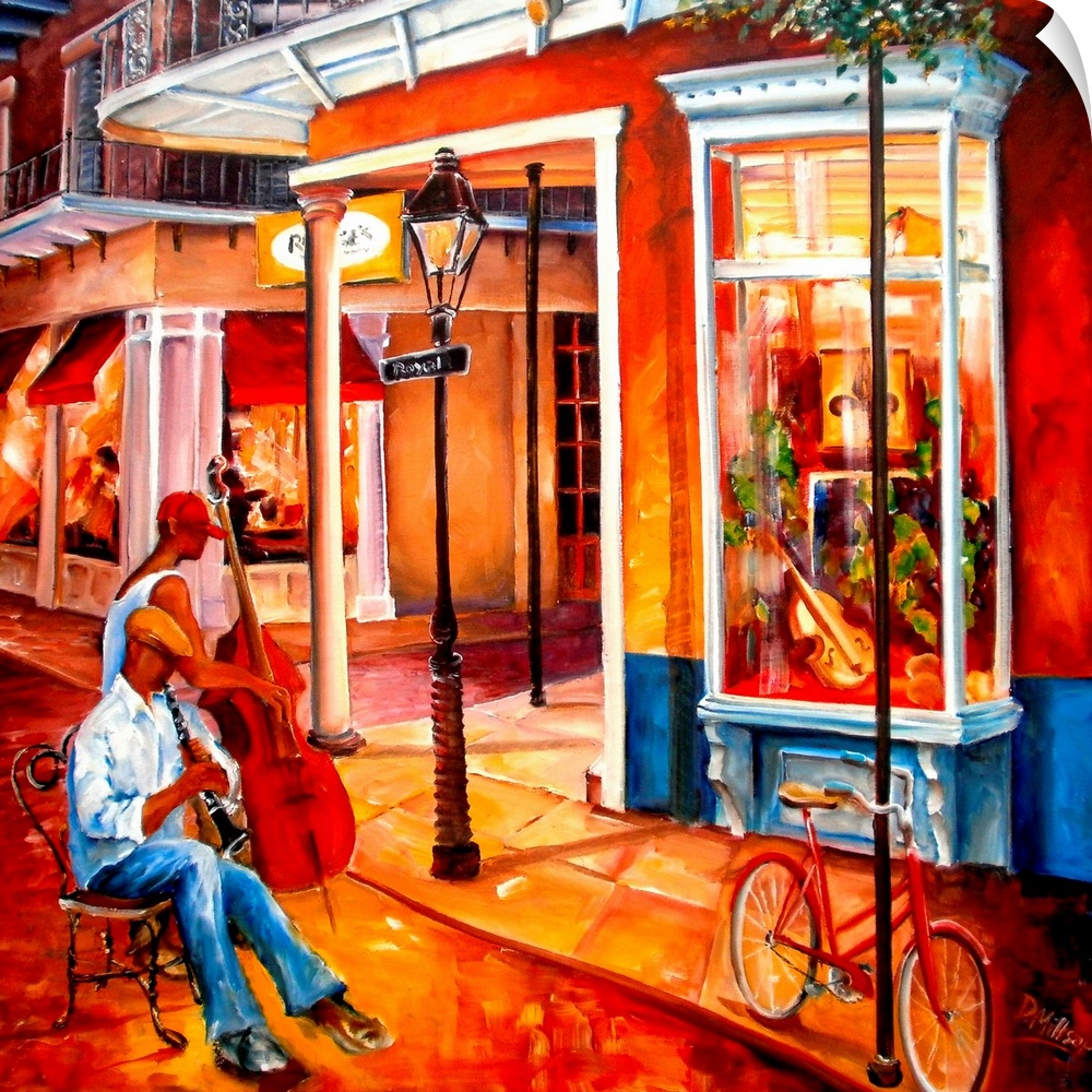 Contemporary painting of man playing clarinet and man playing bass outside a street cafo at night.  The street shops have ...