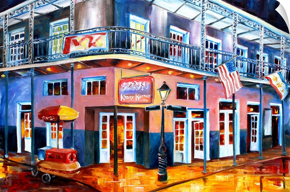Contemporary painting of a corner on Bourbon Street in New Orleans, LA.