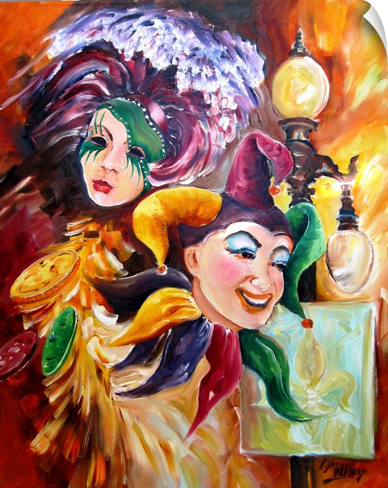 Large painting on canvas of a jester with a mask and big lamp post behind him.