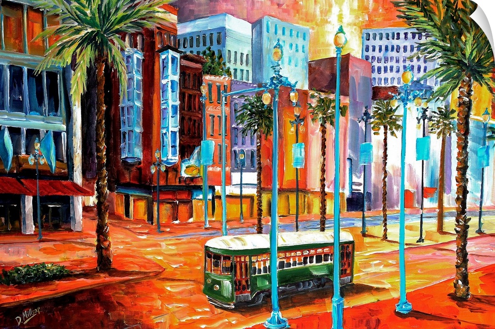 Vibrant contemporary painting of a trolley driving down the streets of a city in Louisiana.