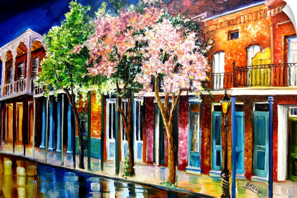 Contemporary painting of flowering trees along a street in New Orleans, Louisiana.