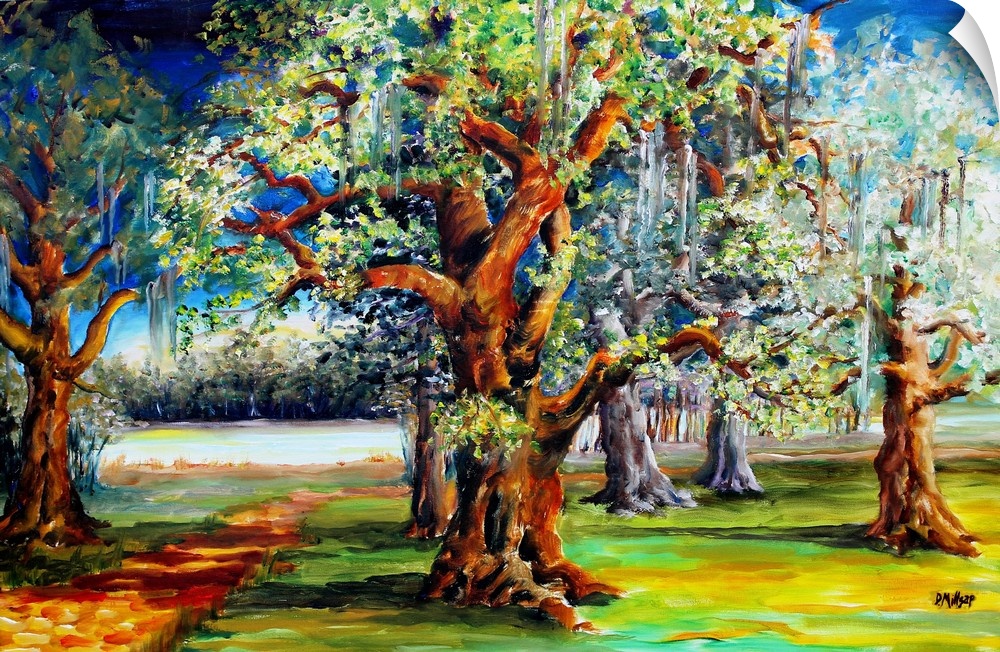 Contemporary painting of large oak trees in the bayou area of Louisiana.