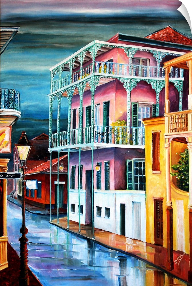 Contemporary painting of old Dauphine street in New Orleans at night illuminated in vibrant colors.