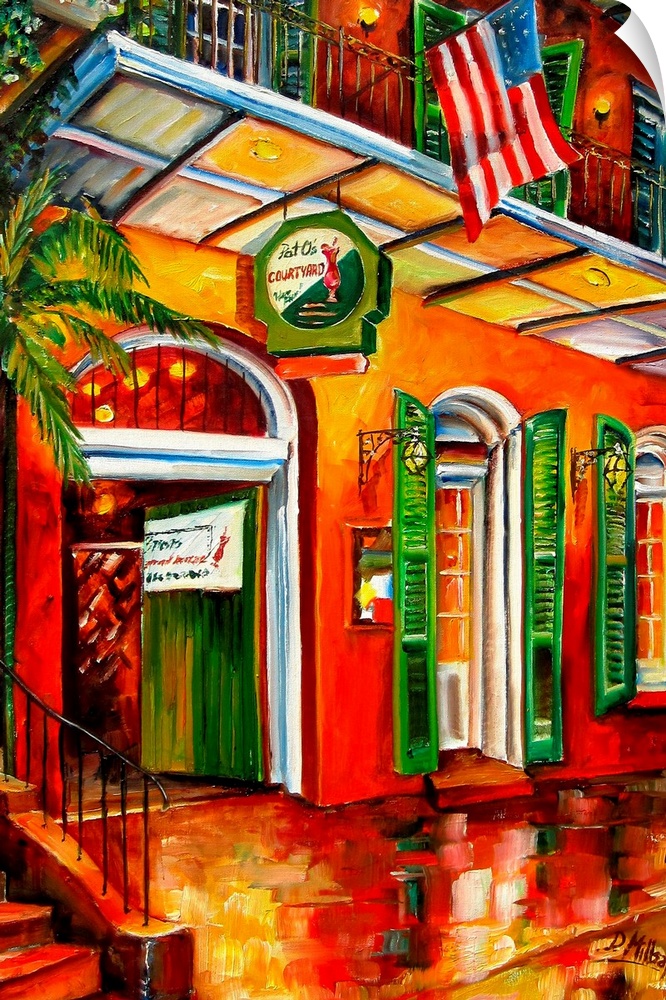 Colorful contemporary painting of New Orleans' bourbon street in New Orleans, Louisiana.