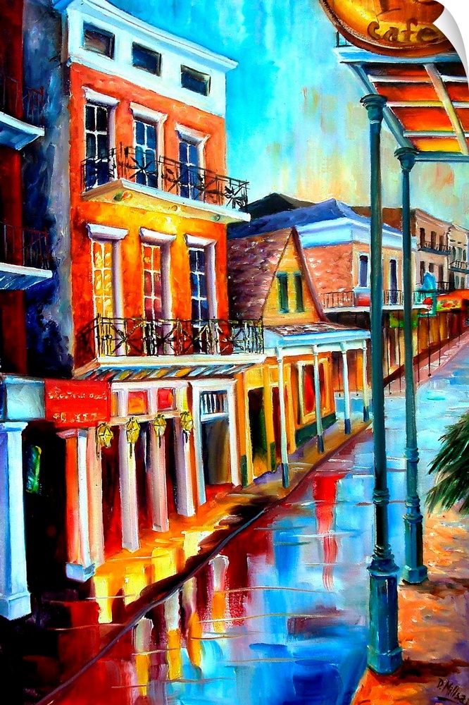 Contemporary painting of the reflection of the lights on the wet street after a rainstorm in New Orleans, Louisiana.