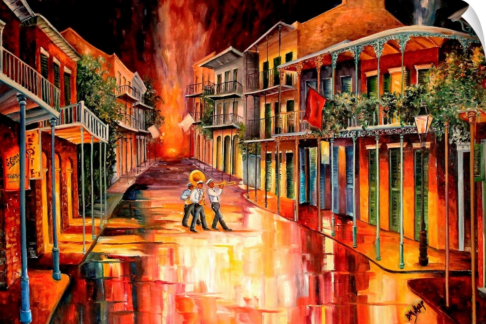 Contemporary artwork that uses bright colors to paint a street lined with buildings in New Orleans with three musicians pl...