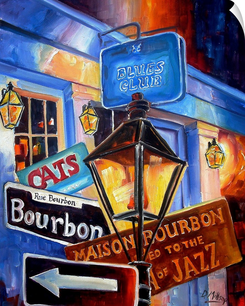 Portrait, contemporary painting of a small collection of advertising signs one would see on Bourbon Street in New Orleans....
