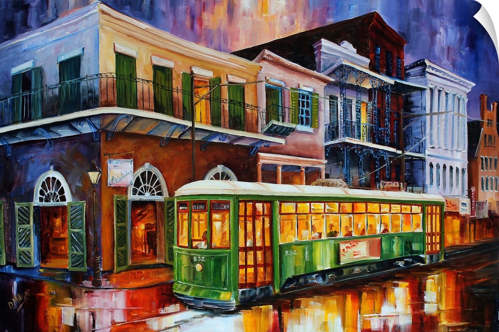 Vibrant contemporary painting of iconic landmarks in New Orleans in bright colors.