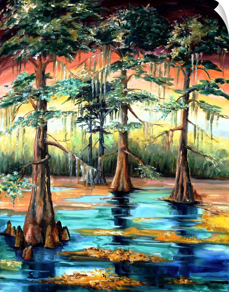 Beautiful landscape painting of a Louisiana swap with Cypress trees.