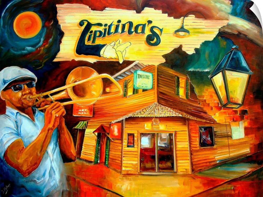 Contemporary artwork of a New Orleans restaurant with a man painted to the left playing the trombone.