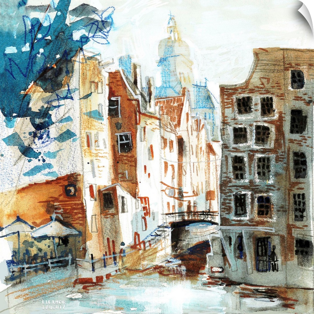 Mixed media and watercolor sketch of a popular viewpoint in Amsterdam, the Netherlands, between the train station and the ...