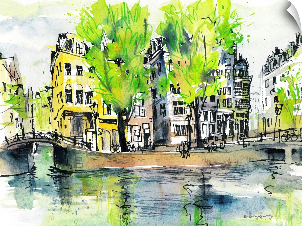 Watercolor painting of a typical corner in Amsterdam - tall trees reflecting in the canal, old buildings leaning precariou...