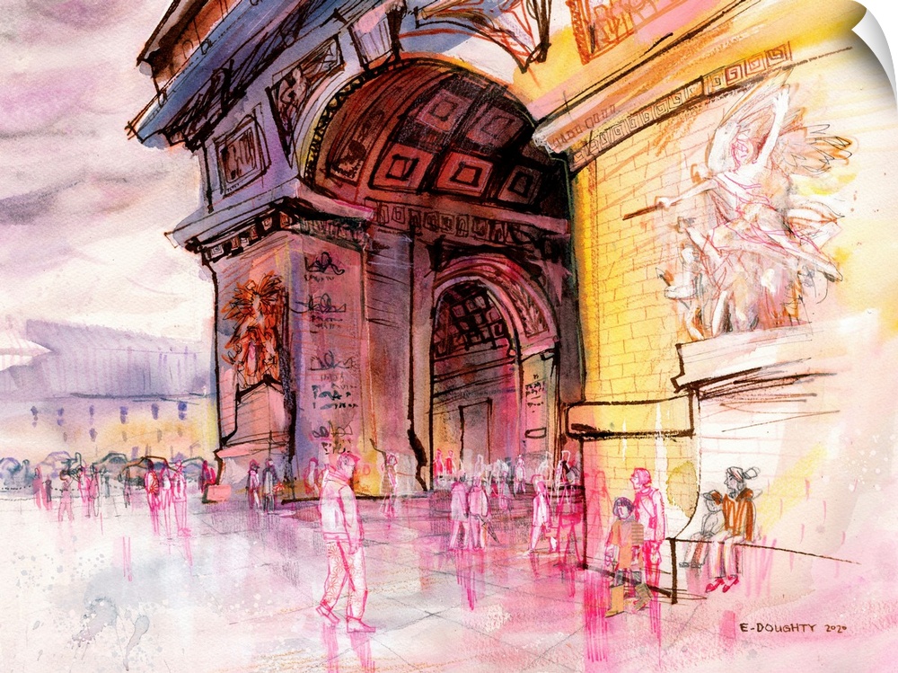 A capture in watercolor and watersoluble marker of the Arc de Triomphe in Paris.