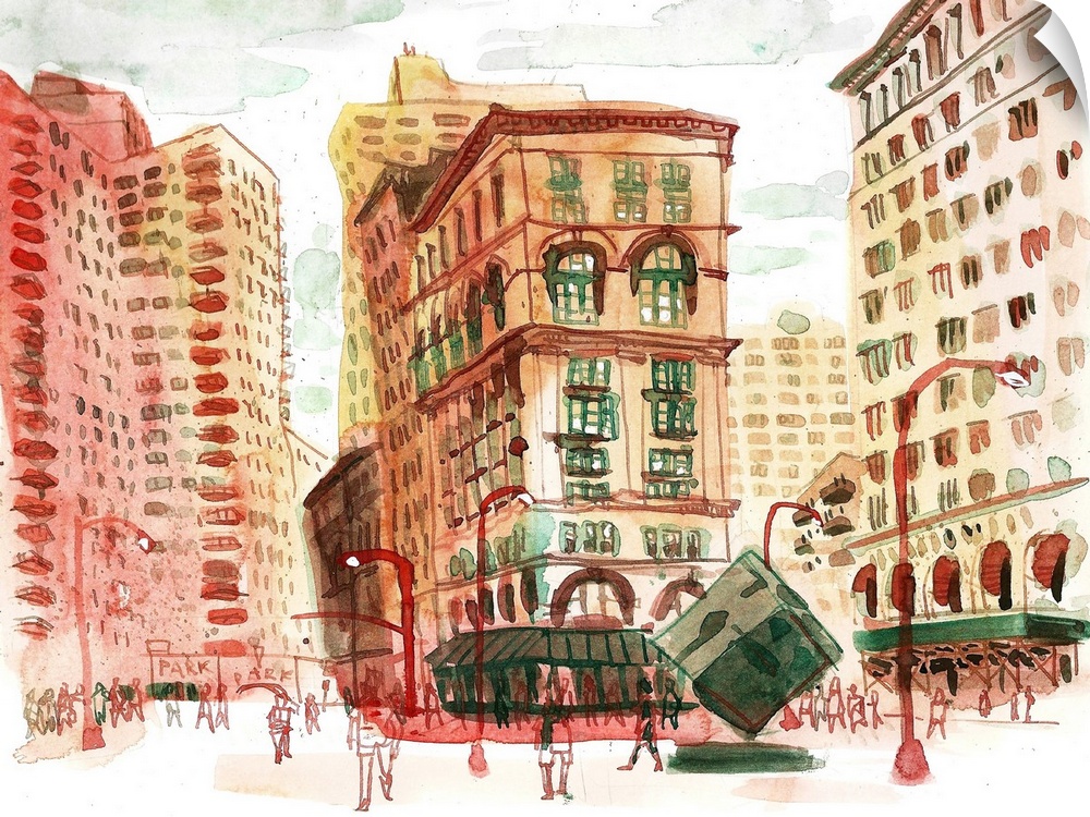 Watercolor illustration of the bustling and historic Astor Place area in Manhattan, New York City. Painted from life on a ...