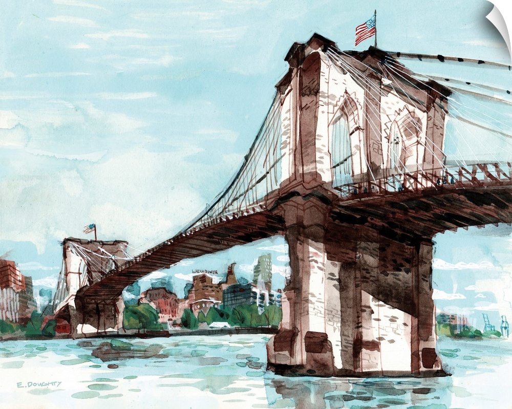 Watercolor artwork of one of Brooklyn's most famous landmarks, the bridge! You can see part of the Brooklyn skyline in thi...