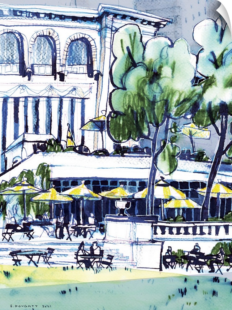 One of the artist's favorite places to draw, Bryant Park always has an interesting view. People sit under umbrellas at the...
