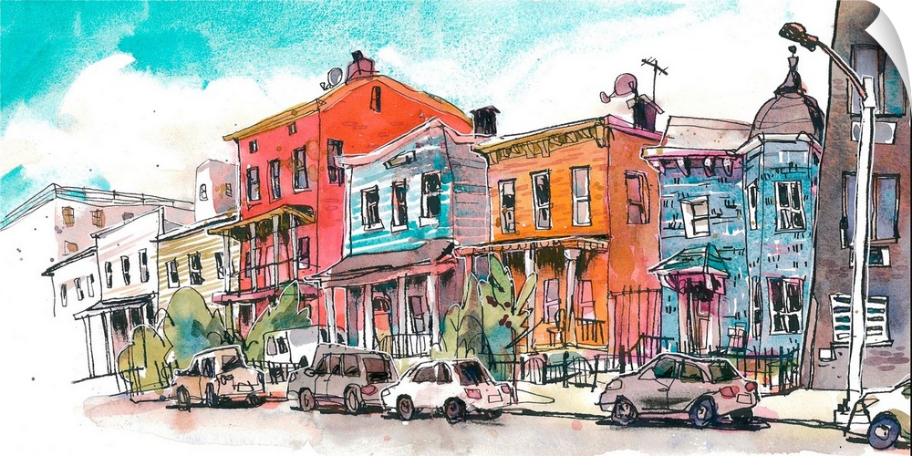 A drawing I made on location (from my friend's front porch on Suydam St.) of a typical block in hip Bushwick, Brooklyn. I ...