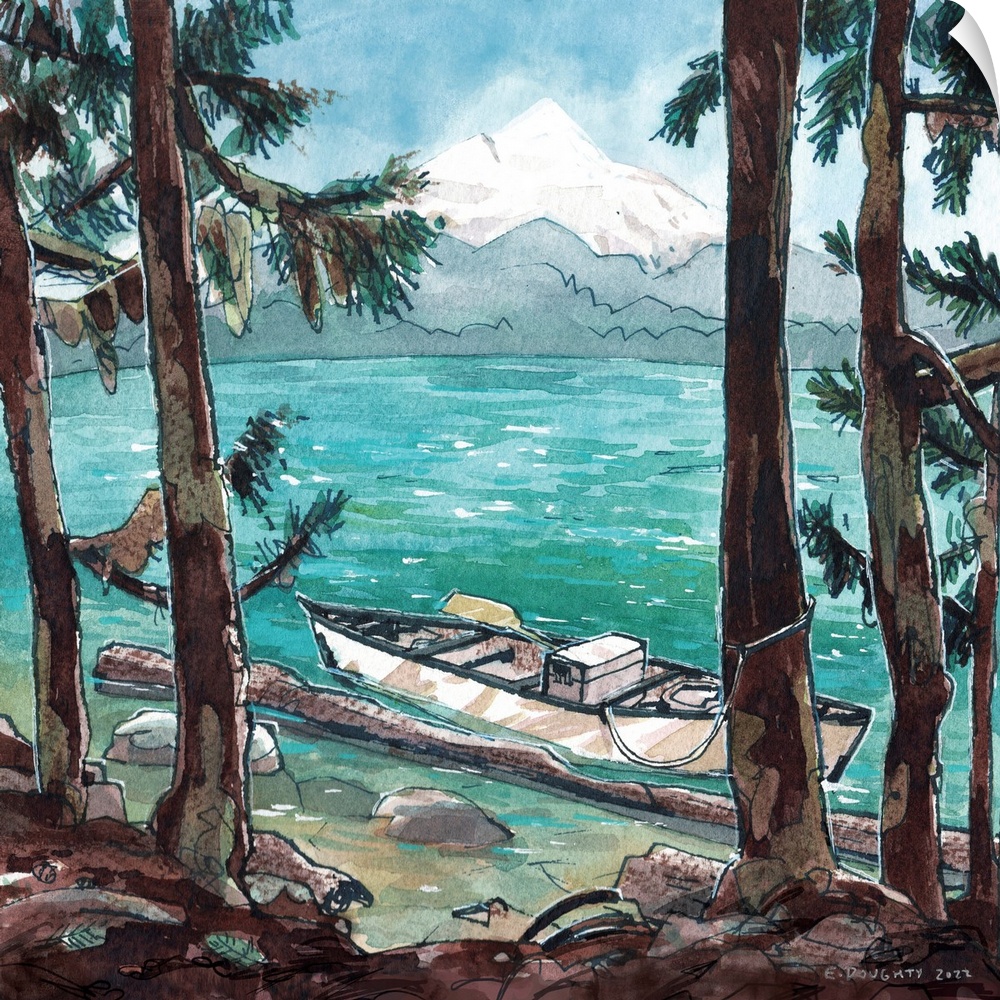 A canoe rests along the banks of Baker Lake in northwestern Washington one summer afternoon, with the volcano emerging fro...