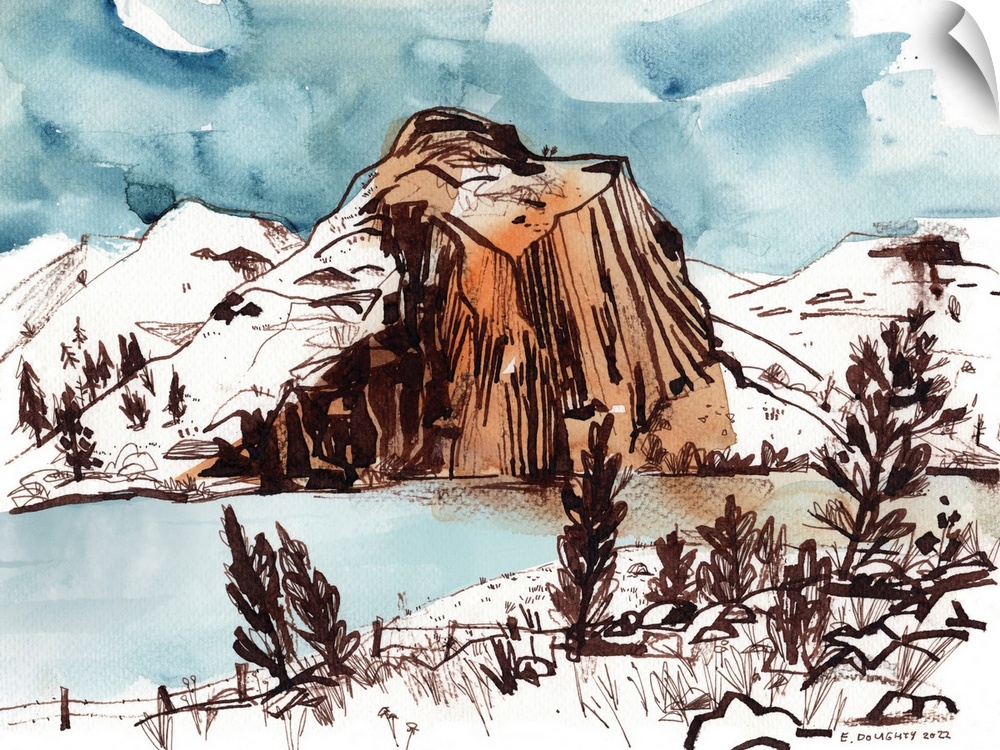 Cathedral Rock in Oregon is carved by the flowing John Day River at its base. The scene was captured in ink and watercolor.