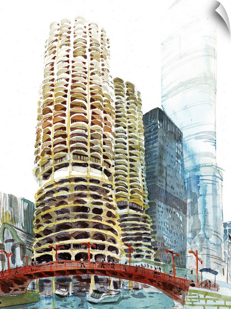 Watercolor illustration of my favorite high rises in Chicago, the Marina Towers, which are in great architectural company ...