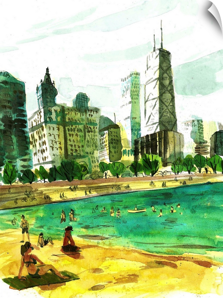 On a hot summer's day, my ideal activity is taking a swim and then painting a collection of skyscrapers on the lake's edge...