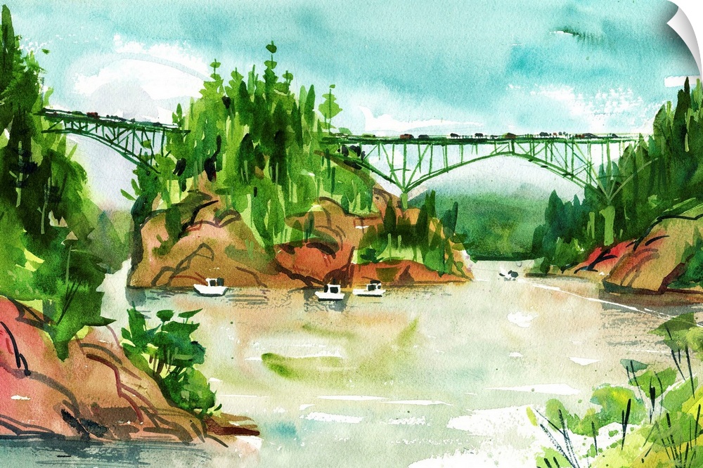 Watercolor interpretation of the famous bridge over Deception Pass in Washington State, crossing the Puget Sound to Whidbe...