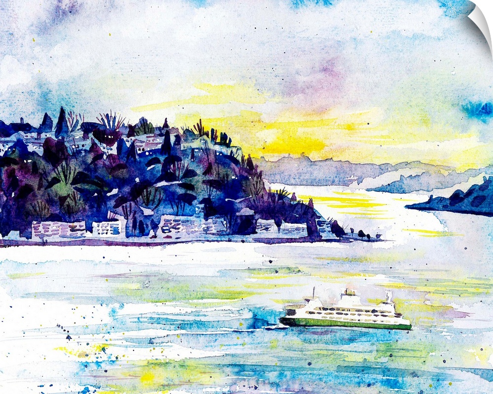 Evening watercolor painting of the ferry crossing the bay from Seattle to Bainbridge Island or Bremerton (or vice versa!),...