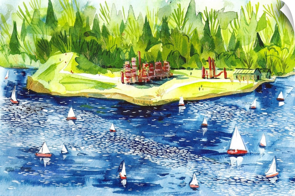 A scene of sailboats racing around the old refinery of the beloved local hangout spot, Gas Works Park. I painted the scene...