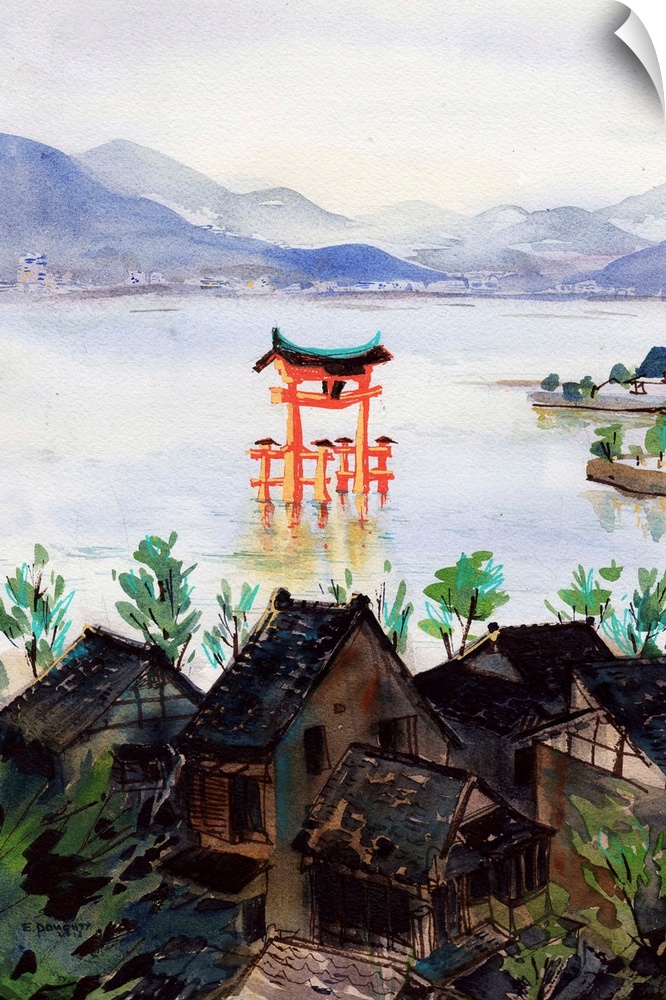 Watercolor and acrylic painting of one of the most famous scenes of Japan, the magnificent vermillion torii which seems to...