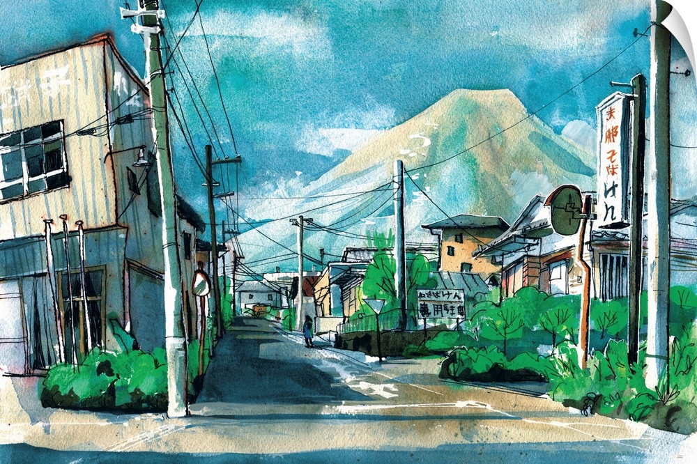 Mt. Fuji shows her famous peak, seen from a quaint area of the town of Kawaguchiko. This scene was painted on location in ...