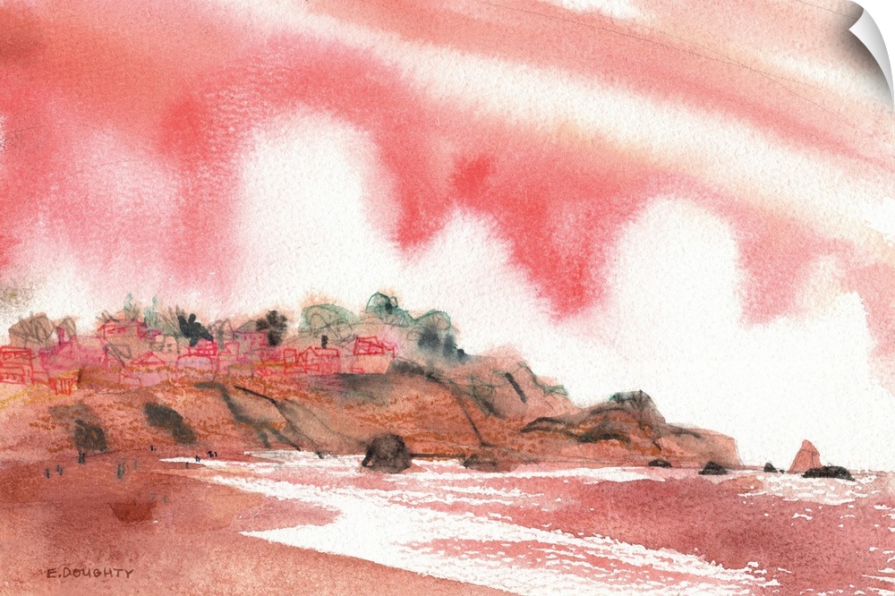 A pink sky overtakes the foggy skyline at the rocky shore of Land's End in San Francisco.