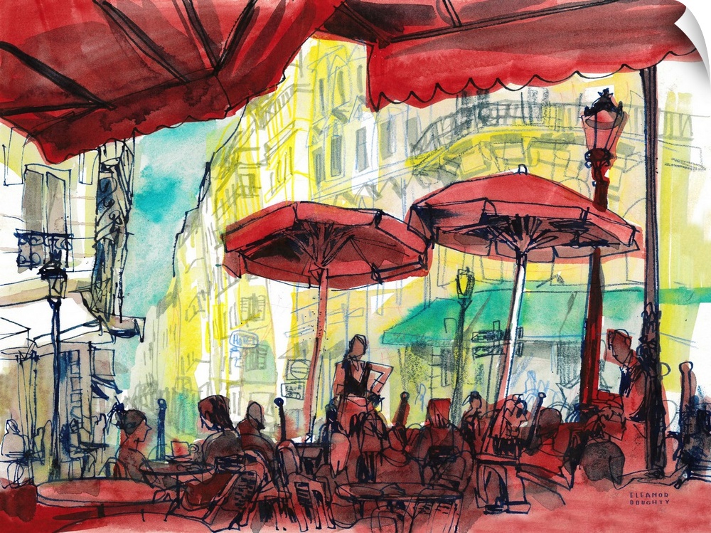The patrons-eye-view watercolor painting of a typical brasserie cafe in Paris with the distinctive bright red awnings. Thi...