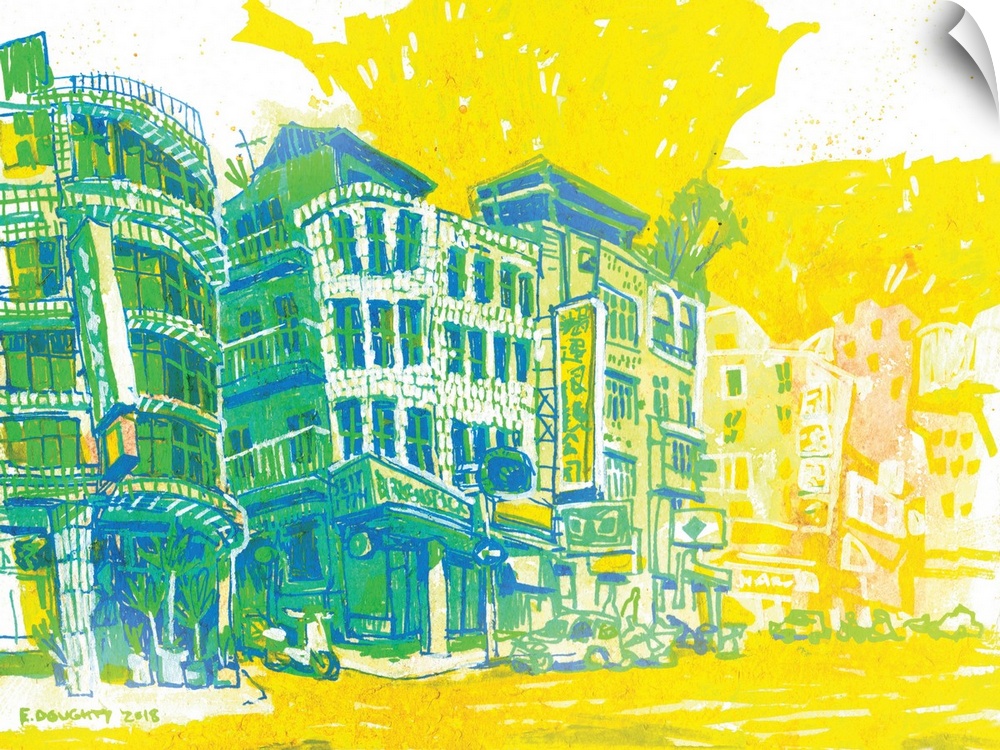 A stylized urban sketch of central Taipei, done in acrylic markers from life.