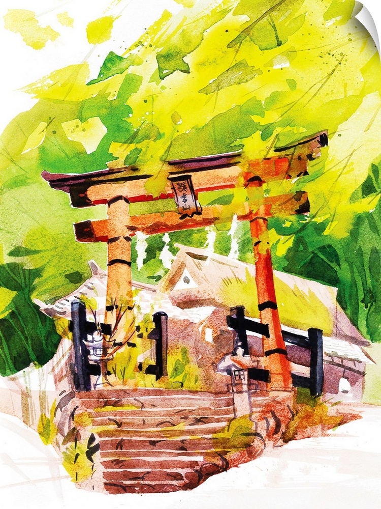 Watercolor illustration of a typical Shinto temple gate I painted in Kyoto in late summer near Arashiyama. The maple trees...