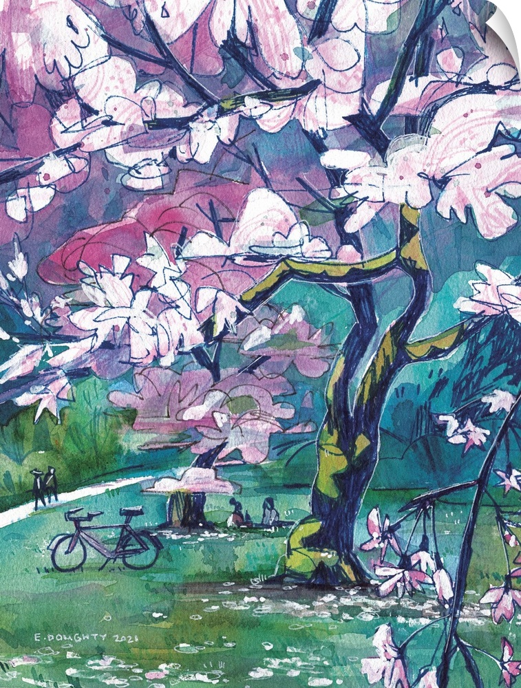 March is for cherry blossoms. Abstracted clouds of flowers hang above people having picnics and walking through the park. ...