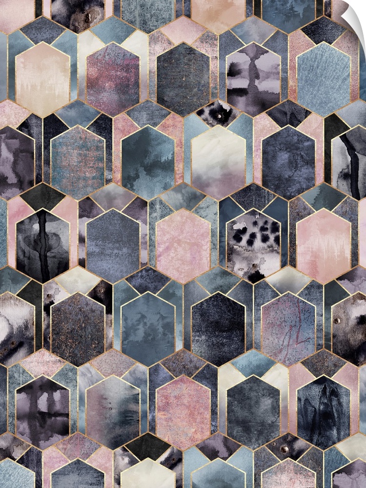 A symmetrical design featuring adjacent differently-sized hexagons in shades of pink, purple and grey and bordered by fine...