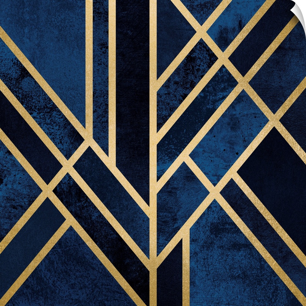 A simple art deco design in gold lines on a background of mottled dark blue and navy