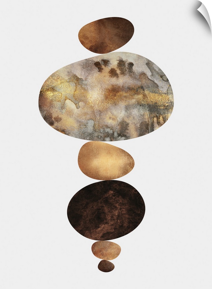 A set of organic oval shapes in metallic brown shades resting atop one another on a white background