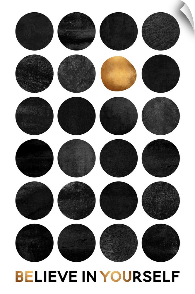 A grid of dark grey circles with one gold circle on a white background, with the words Believe in Yourself across the bott...